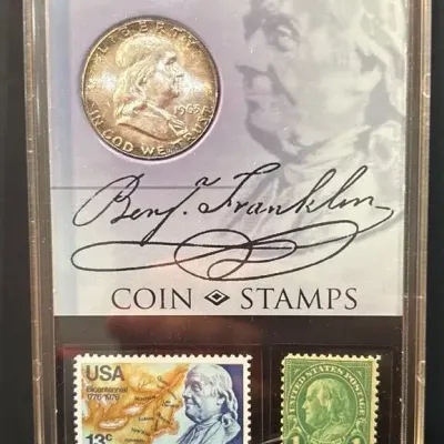 Benjamin Franklin Coin & Stamps Display with 1963 Silver Franklin Half Dollar