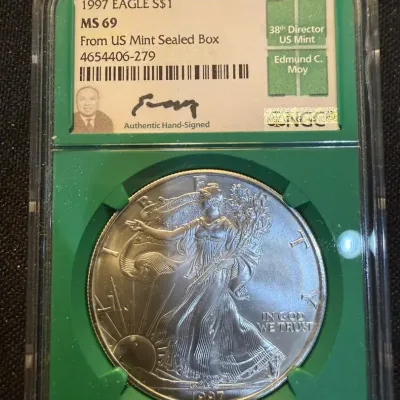 1997 American Silver Eagle NGC MS69 – Edmund C. Moy Signed Label – From U.S. Mint Sealed Box – 1 oz 