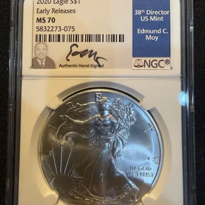 2020 American Silver Eagle NGC MS70 Early Releases Edmund C. Moy Signed Label 1 oz .999 Fine Silver