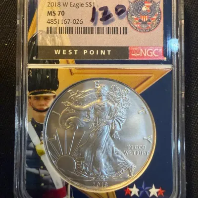 2018-W Burnished American Silver Eagle NGC MS70 – West Point Holder – 1 oz .999 Fine Silver