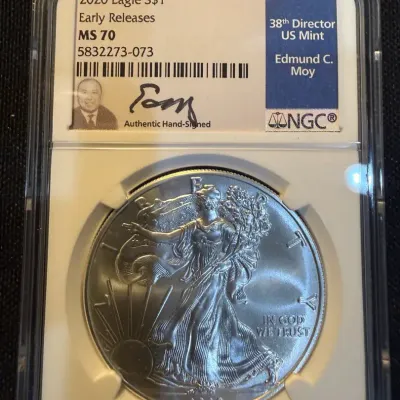 2020 American Silver Eagle NGC MS70 Early Releases Edmund C. Moy Signed Label 1 oz .999 Fine Silver