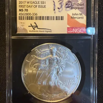 2017-W Burnished American Silver Eagle NGC MS70 First Day of Issue – John Mercanti Signed Label – 30