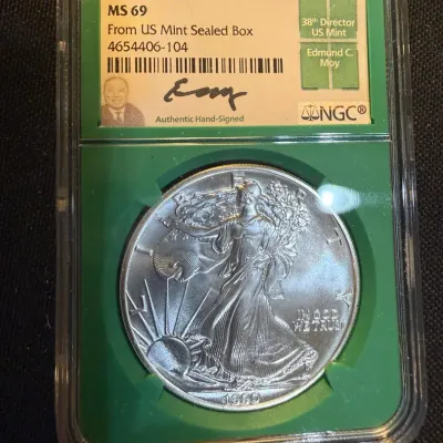 1990 American Silver Eagle NGC MS69 – Edmund C. Moy Signed Label – From U.S. Mint Sealed Box – 1 oz 