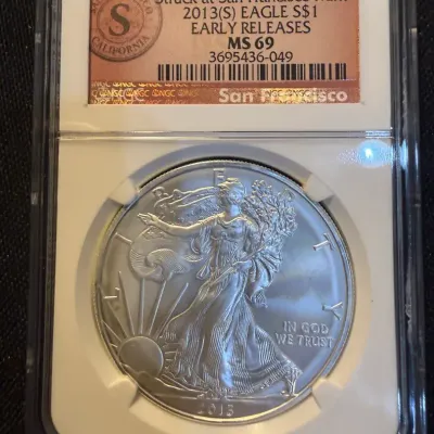 2013(S) American Silver Eagle Struck at San Francisco Mint NGC MS69 Early Releases 1 oz .999 Silver