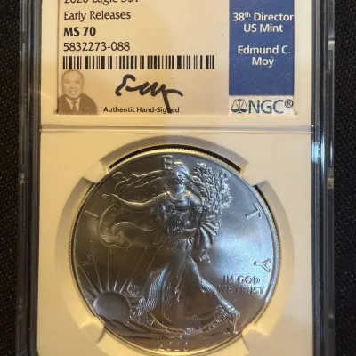 2020 American Silver Eagle NGC MS70 Early Releases Edmund C. Moy Signed Label 1 oz .999 Fine Silver