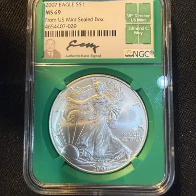 2007 American Silver Eagle $1 NGC MS69 | Edmund C. Moy Signed Label | From US Mint Sealed Box | 1 oz