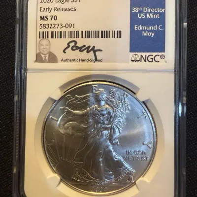 2020 American Silver Eagle NGC MS70 Early Releases Edmund C. Moy Signed Label 1 oz .999 Fine Silver