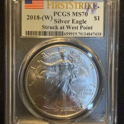2018-(W) American Silver Eagle PCGS MS70 First Strike – Struck at West Point – 1 oz .999 Fine Silver