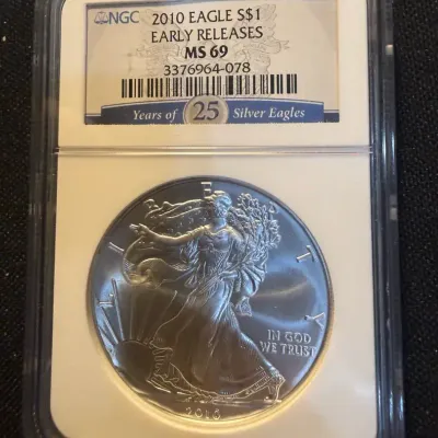 2010 American Silver Eagle NGC MS69 Early Releases – 25 Years of Silver Eagles Label – 1 oz .999 Fin