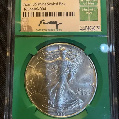 1986 American Silver Eagle NGC MS69 – Edmund C. Moy Signed Label – From U.S. Mint Sealed Box – Key F