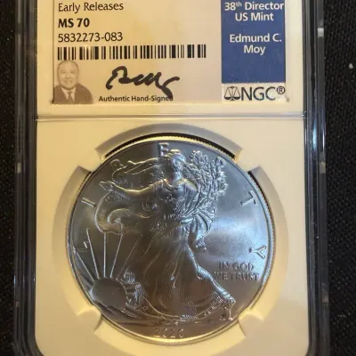 2020 American Silver Eagle NGC MS70 Early Releases Edmund C. Moy Signed Label 1 oz .999 Fine Silver