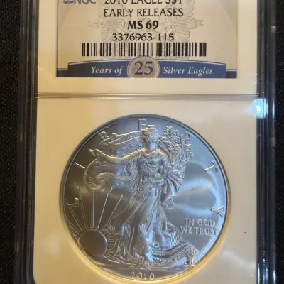 2010 American Silver Eagle NGC MS69 Early Releases – 25 Years of Silver Eagles Label – 1 oz .999 Fin