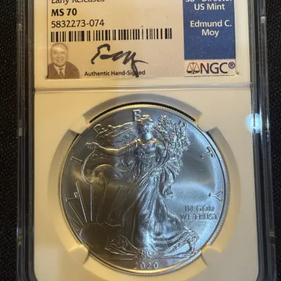 2020 American Silver Eagle NGC MS70 Early Releases Edmund C. Moy Signed Label 1 oz .999 Fine Silver
