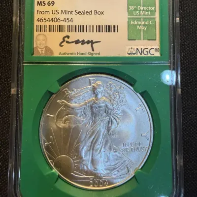 2004 American Silver Eagle NGC MS69 – Edmund C. Moy Signed Label – From U.S. Mint Sealed Box – 1 oz 