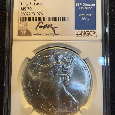 2020 American Silver Eagle NGC MS70 Early Releases Edmund C. Moy Signed Label 1 oz .999 Fine Silver