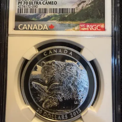 2015 Canada $20 “Grizzly Bear: The Catch” 1 oz Silver Proof – NGC PF70 Ultra Cameo Early Releases