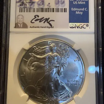 2020(P) American Silver Eagle Emergency Production NGC MS70 Early Releases Edmund C. Moy Signed 1 oz