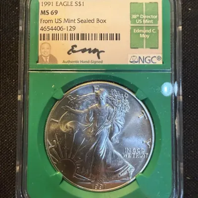 1991 American Silver Eagle NGC MS69 – Edmund C. Moy Signed Label – From U.S. Mint Sealed Box – 1 oz 