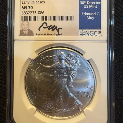 2020 American Silver Eagle NGC MS70 Early Releases Edmund C. Moy Signed Label 1 oz .999 Fine Silver