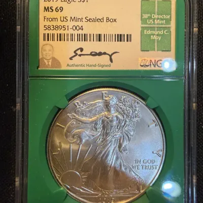 2019 American Silver Eagle NGC MS69 | Edmund C. Moy Signed Label | From US Mint Sealed Box | 1 oz .9