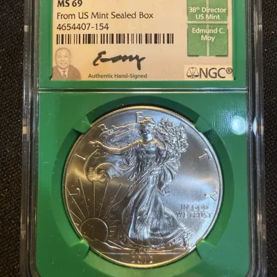 2012 American Silver Eagle NGC MS69 | Edmund C. Moy Signed Label | From US Mint Sealed Box | 1 oz .9