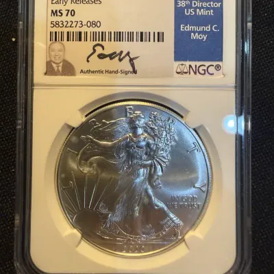 2020 American Silver Eagle NGC MS70 Early Releases Edmund C. Moy Signed Label 1 oz .999 Fine Silver