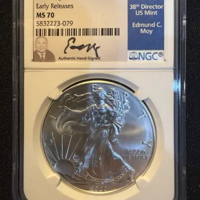 2020 American Silver Eagle NGC MS70 Early Releases Edmund C. Moy Signed Label 1 oz .999 Fine Silver