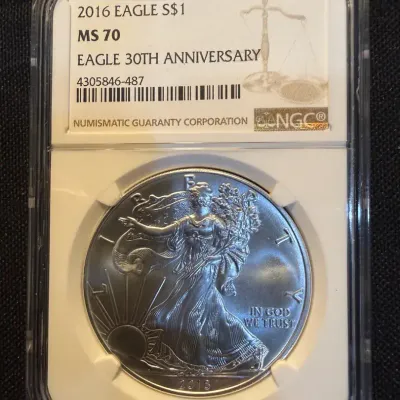 2016 American Silver Eagle 30th Anniversary NGC MS70 – 1 oz .999 Fine Silver Bullion Coin