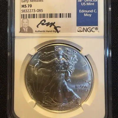 2020 American Silver Eagle NGC MS70 Early Releases Edmund C. Moy Signed Label 1 oz .999 Fine Silver
