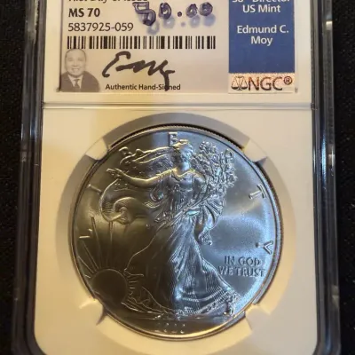 2020 American Silver Eagle 1 oz .999 Fine Silver – NGC MS70 First Day of Issue – Edmund C. Moy Signe