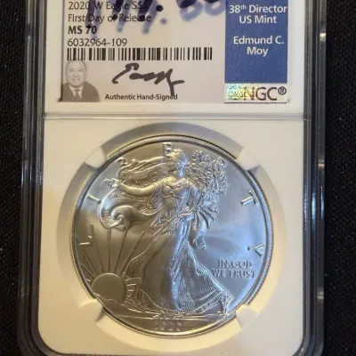 2020-W Burnished American Silver Eagle NGC MS70 First Day of Release Edmund C. Moy Signed 1 oz .999 