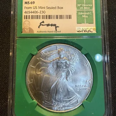 1995 American Silver Eagle NGC MS69 – Edmund C. Moy Signed Label – From U.S. Mint Sealed Box – 1 oz 