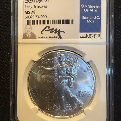 2020 American Silver Eagle NGC MS70 Early Releases Edmund C. Moy Signed Label 1 oz .999 Fine Silver