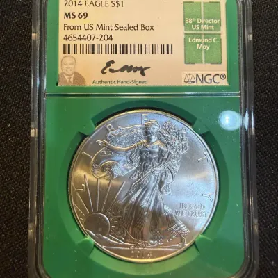 2014 American Silver Eagle NGC MS69 | Edmund C. Moy Signed Label | From US Mint Sealed Box | 1 oz .9