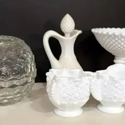 Fenton Milk Glass Cream/Sugar, Fairy Light, Westmoreland Cruet & Pedestal