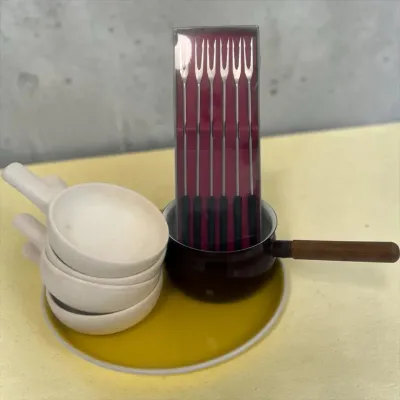 MCM Fondue Forks, Enamel Pot, Handled Bowls, & Oneida Round Platter