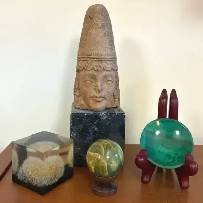 Iberian Carved Head, Malachite Dish, Onyx Sphere & Small Cube Art