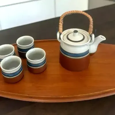 Stoneware Tea Set & Dansk Teak Footed Tray