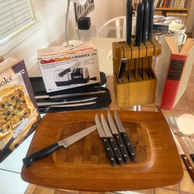 Carvel House Carving Set With Dansk Teak Platter, 1 Henkel Knife, Chefs Choice Sharper