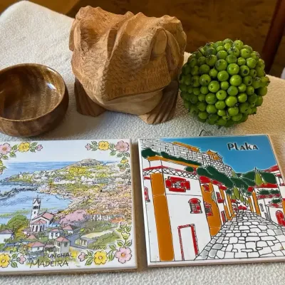 Home Decor: Tiles, Wood Carved Frog & Other Items