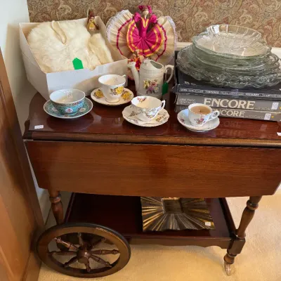 Sale Photo Thumbnail #18: Cherrywood Vintage Tea Cart with assorted cups and saucers PLUS an antique Rabbit fur muff with matching Hat