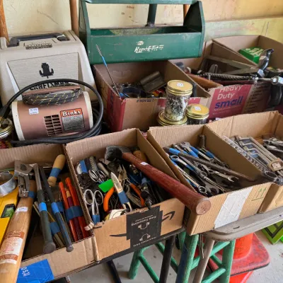 Sale Photo Thumbnail #96: Skilsaw, Binks Air Compressor, Router kit by Craftsman, staple guns, tons of clamps, heat gun