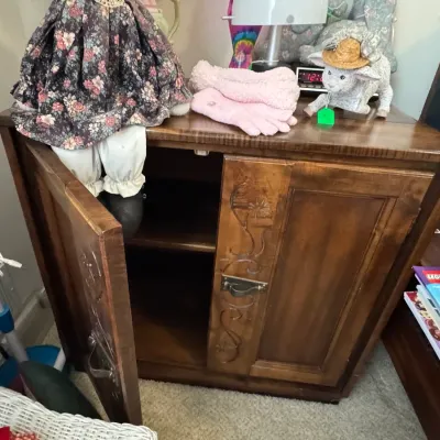 Sale Photo Thumbnail #8: antique occasional table carved with shelves for storage