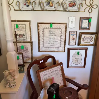 Sale Photo Thumbnail #13: assortment of framed needlepoint throughout home