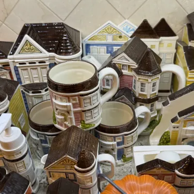 Sale Photo Thumbnail #78: Porcelain canisters Village set plus tea pots, office items by Otagiri