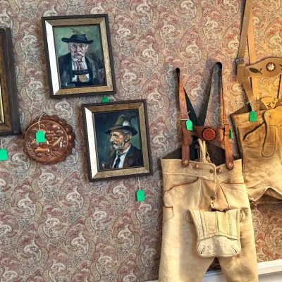 Sale Photo Thumbnail #27: Lederhosen pants originating from Germany, specifically Bavaria and are also associated with Austria plus Original oil paintings possibly from German or Austria and Floor Lamp