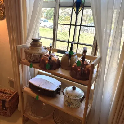 Sale Photo Thumbnail #10: Antique stained glass window, Copper Kettles, Vintage Bread Warmer