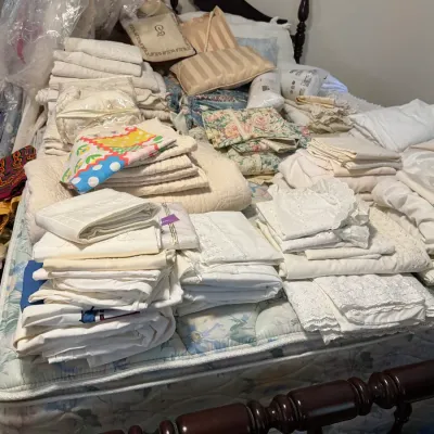 Sale Photo Thumbnail #24: Full size Mahogany 4 poster bed with mattress, Box Spring, Queen Anne style, loaded with linens, and more