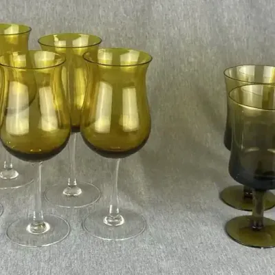 Olive Green Stemmed Glassware, Two Distinct Styles (13 Total)