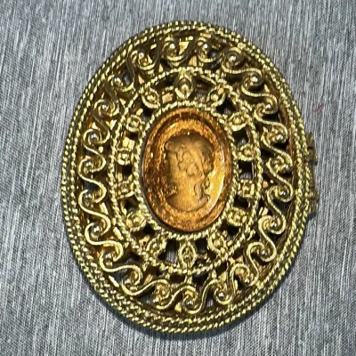 Gold-Tone Filigree Intaglio Locket Brooch